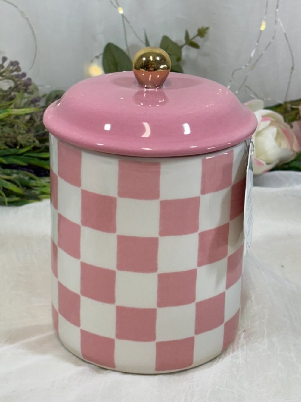 Pink and White Checkered Ceramic Canister Jar Courtly Check Gold Knob New - Picture 3 of 7